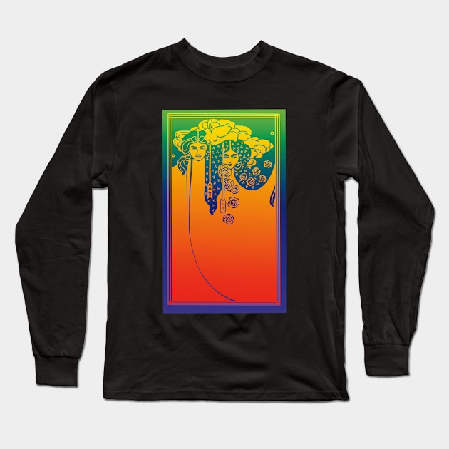 Art Nouveau Ladies (orange on blue/green) Long Sleeve T-Shirt by Soth Studio